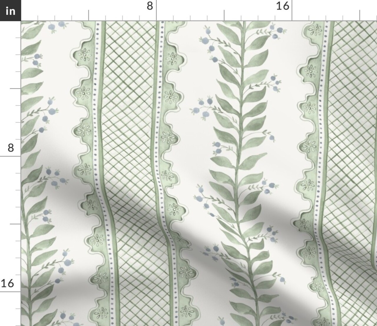 Sage Green Stripe Botanical Watercolor Garden Grandmillenial Custom Printed Fabric by Spoonflower Various Fabrics by the Yard or Fat Quarter
